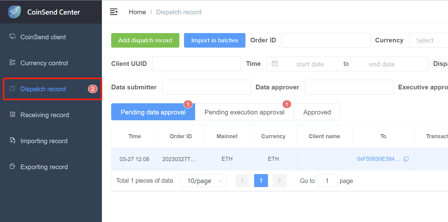 screenshot of coinsend interface