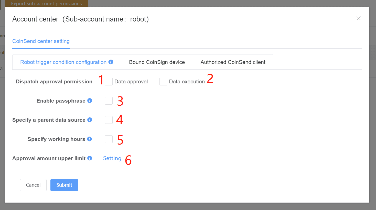 A screenshot of the robot account in CoinSend center